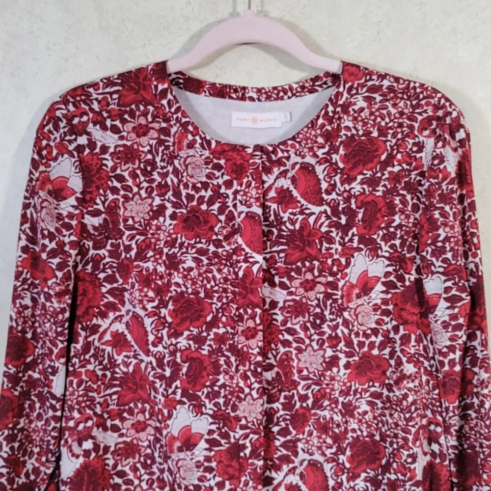 7131 Tory Burch red and burgundy floral L/S silk blouse 8